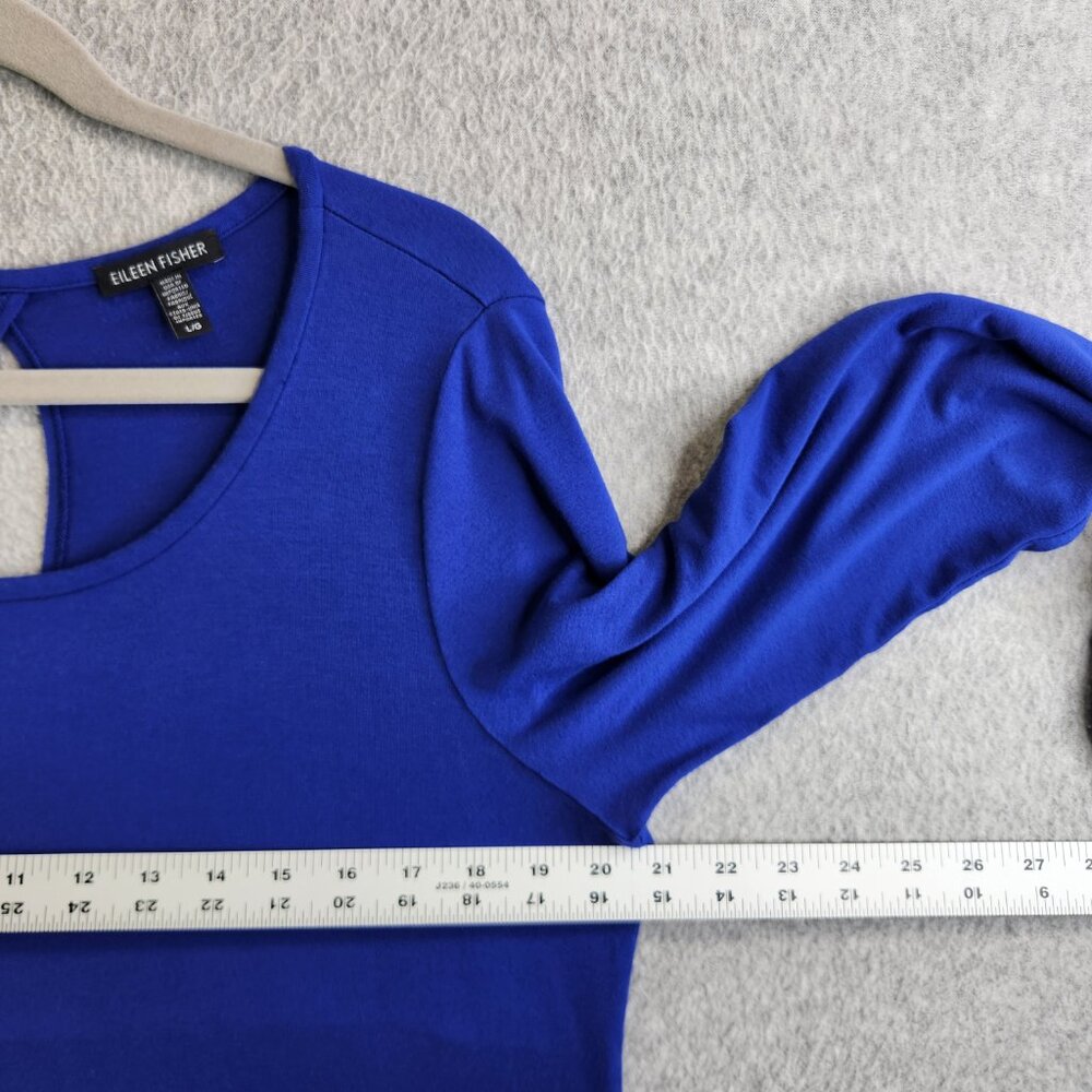 Eileen Fisher Dress Womens L Blue Midi Jersey Knit Keyhole Neck Minimalist - Picture 10 of 14